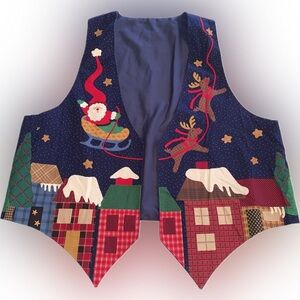 Festive Faux Patchwork Christmas Holiday Vest Santa Reindeer Snowy Village L/XL